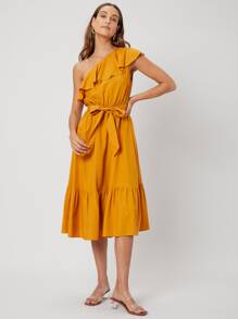 SHEIN 亞麻單肩腰帶連衣裙 - 芥末黃 - 查看 4