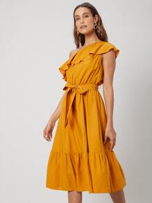 SHEIN 亞麻單肩腰帶連衣裙 - 芥末黃 - 查看 5