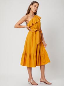 SHEIN 亞麻單肩腰帶連衣裙 - 芥末黃 - 查看 6