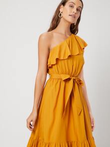 SHEIN 亞麻單肩腰帶連衣裙 - 芥末黃 - 查看 7