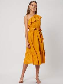 SHEIN 亞麻單肩腰帶連衣裙 - 芥末黃 - 查看 8