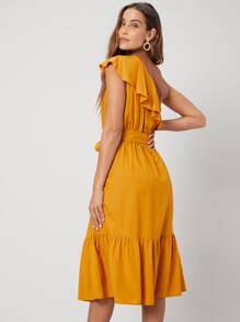 SHEIN 亞麻單肩腰帶連衣裙 - 芥末黃 - 查看 9