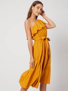 SHEIN 亞麻單肩腰帶連衣裙 - 芥末黃 - 查看 10