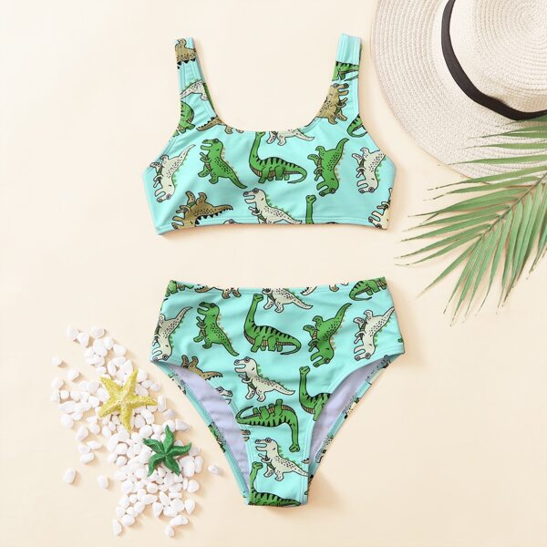 

Girls Cartoon Dinosaur High Waisted Bikini Swimsuit, Green