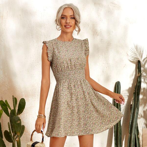

Ditsy Floral Shirred Waist A-line Dress, Multicolor