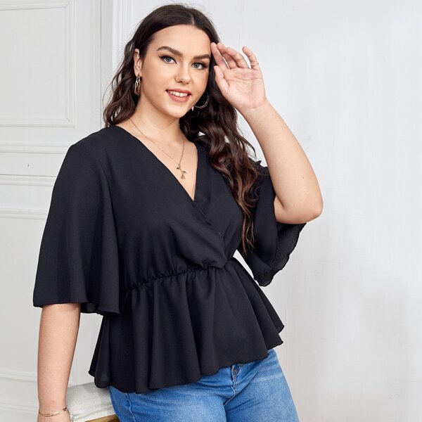 

Plus Surplice Neck Butterfly Sleeve Peplum Blouse, Maroon