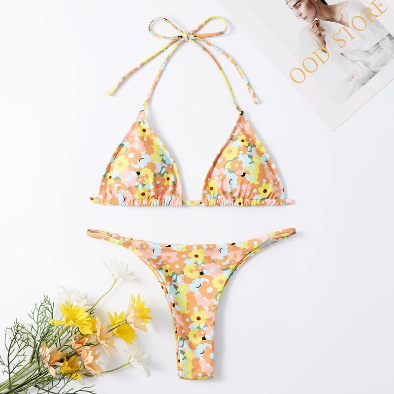 

Ditsy Floral Micro Triangle Thong Bikini Swimsuit, Multicolor