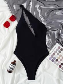 SHEIN Swim Summer Beach Cut Out One Shoulder One Piece Swimsuit - Black - View 7