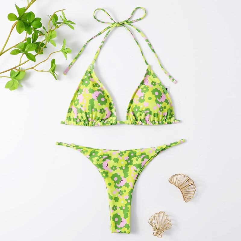 

Ditsy Floral Micro Triangle Thong Bikini Swimsuit, Green