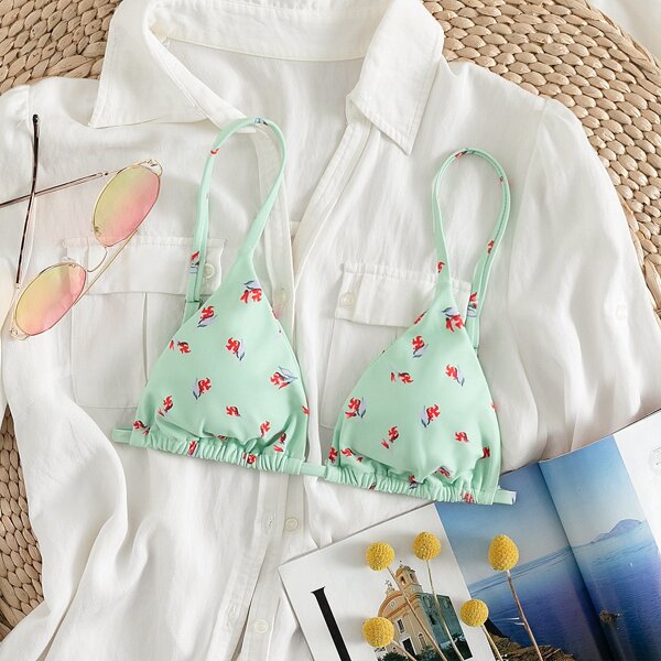 

Floral Random Print Triangle Bikini Top, Green