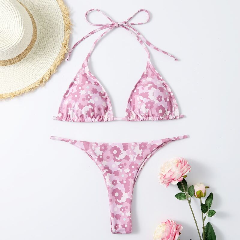 

Ditsy Floral Micro Triangle Thong Bikini Swimsuit, Baby pink