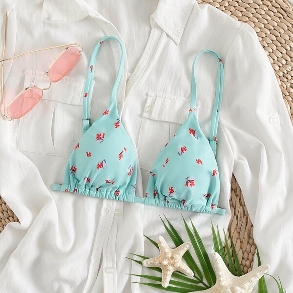 

Floral Random Print Triangle Bikini Top, Blue