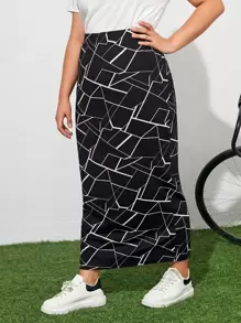 Mulvari Plus Geo Print Skirt - Black - View 1