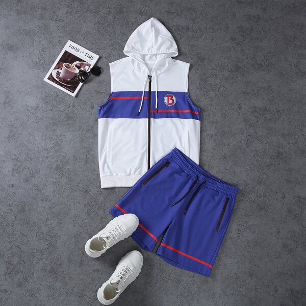 

Men Embroidery Patched Zip Up Hoodie & Track Shorts, Blue and white