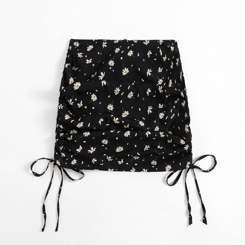 

Ditsy Floral Drawstring Skirt, Black