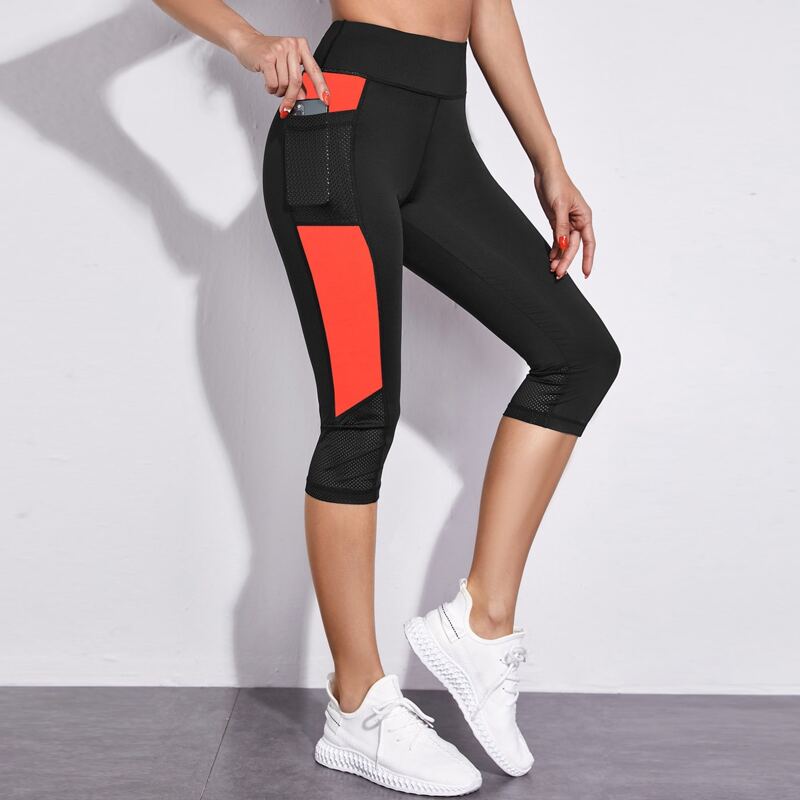 

Colorblock Wide Band Waist Sports Leggings With Phone Pocket, Black