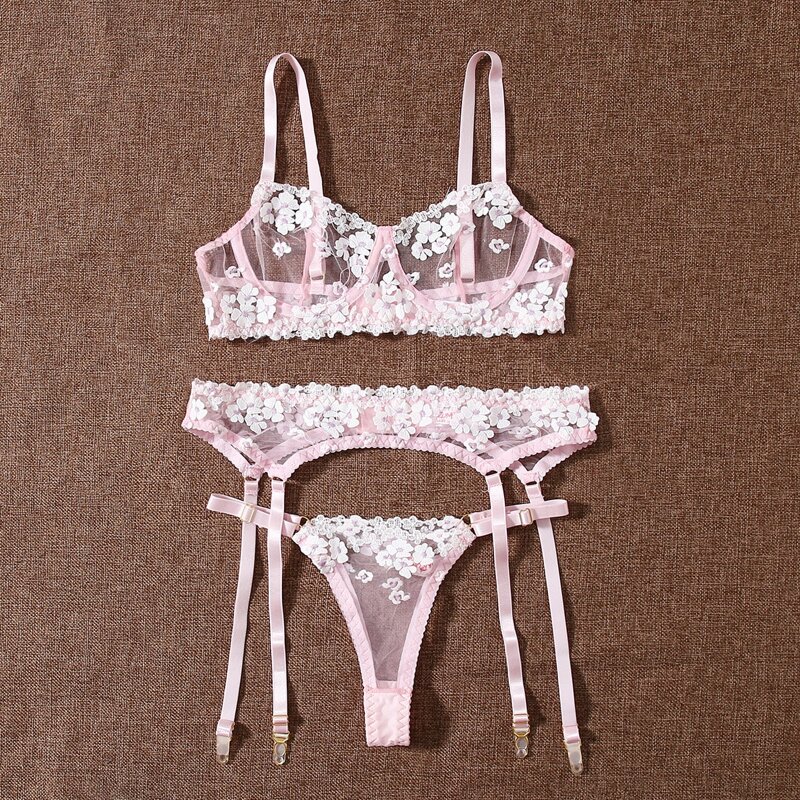 

3pack Floral Mesh Garter Lingerie Set, Baby pink