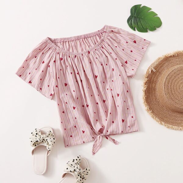 

Girls Tie Hem Heart & Striped Top, Baby pink