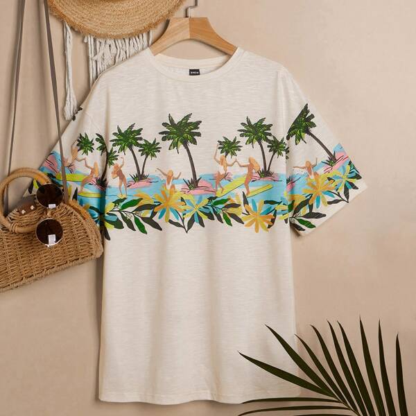 

Figure & Coconut Tree Print Tee, Beige