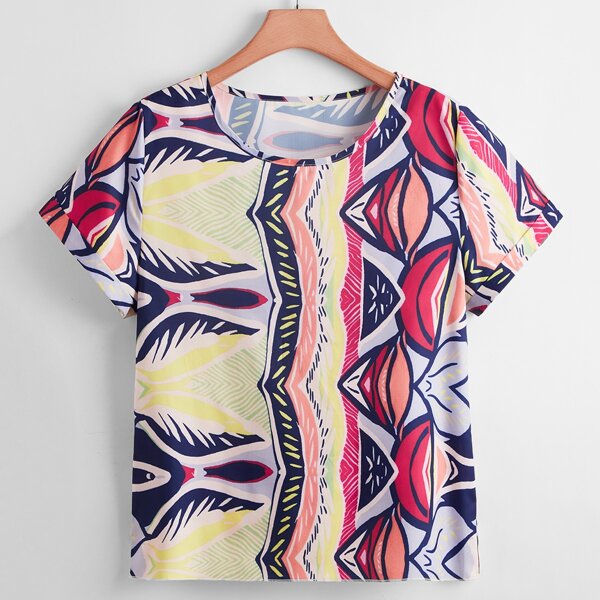 

Plus Graphic Short Sleeve Blouse, Multicolor