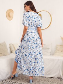 Mulvari 泡泡袖O形環腰帶佩斯利圖案洋裝