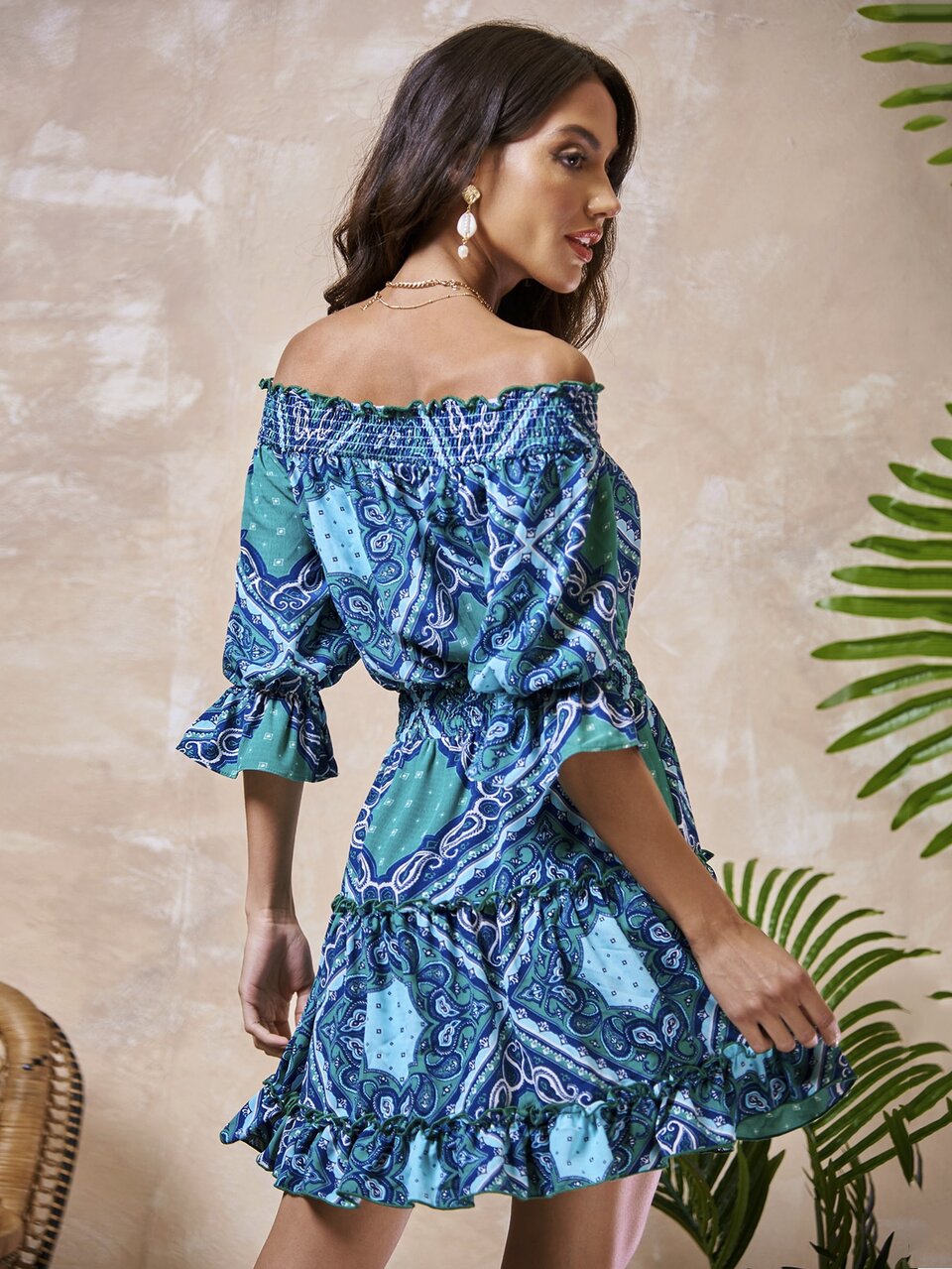 Off Shoulder Puff Sleeve Paisley Print Dress
