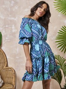SHEIN Off Shoulder Puff Sleeve Paisley Print Dress - Multicolor - View 4