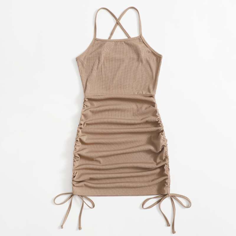 

Solid Drawstring Bodycon Dress, Khaki
