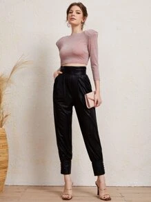 SHEIN Shoulder Padded Crop Top & Ruched Wide Waistband Pants Set