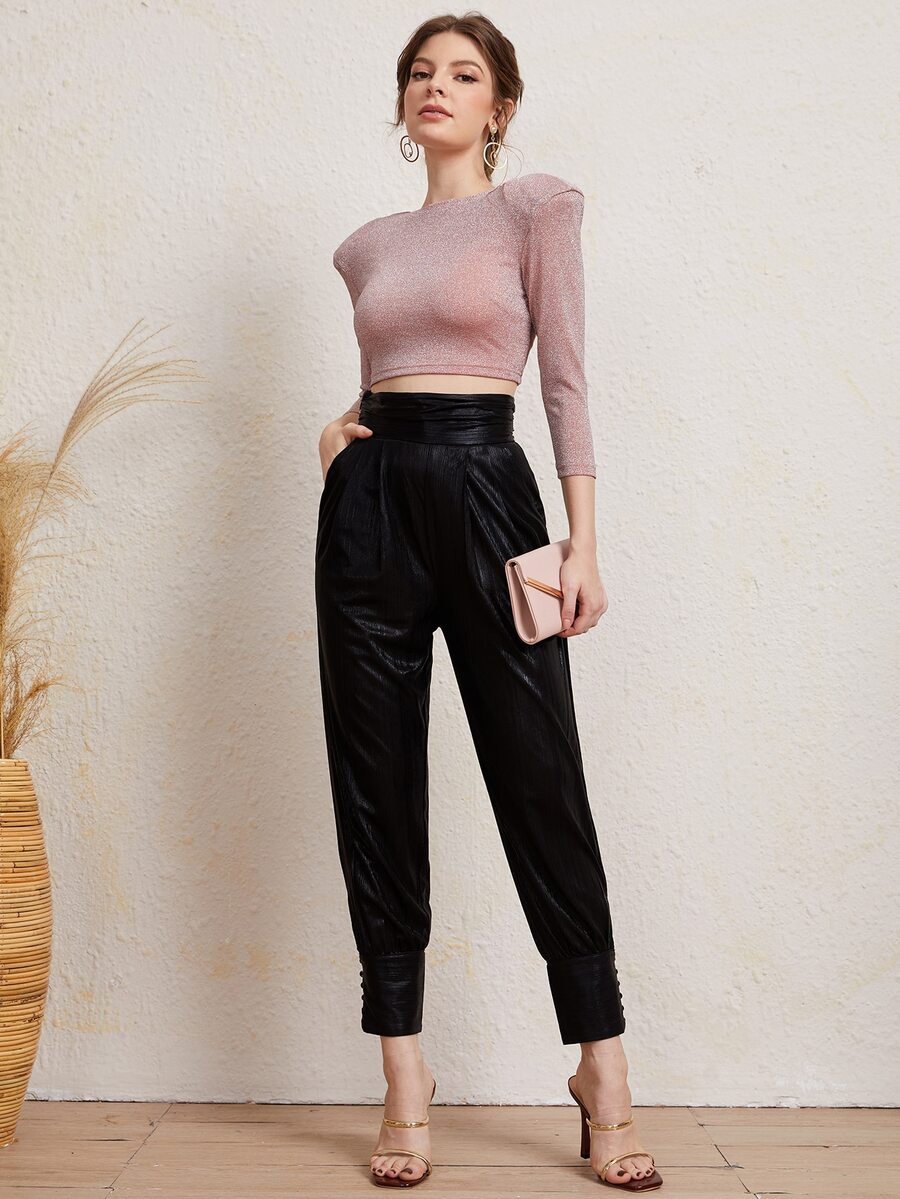 SHEIN Shoulder Padded Crop Top & Ruched Wide Waistband Pants Set