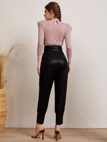 SHEIN Shoulder Padded Crop Top & Ruched Wide Waistband Pants Set