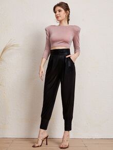 SHEIN Shoulder Padded Crop Top & Ruched Wide Waistband Pants Set