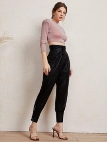 SHEIN Shoulder Padded Crop Top & Ruched Wide Waistband Pants Set