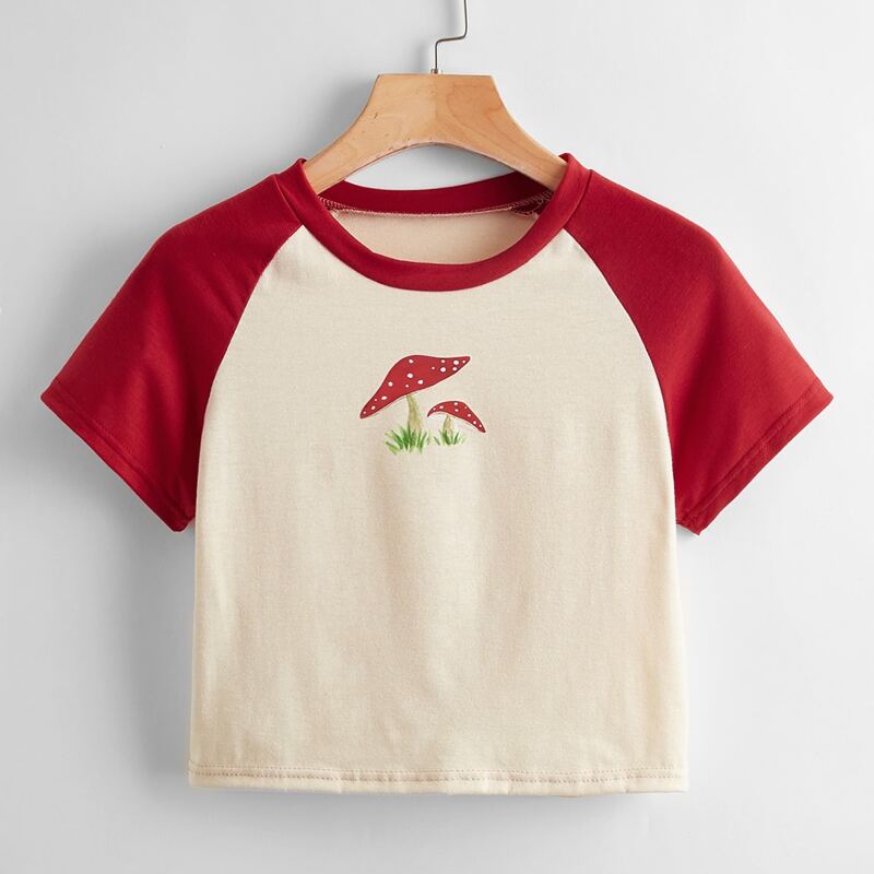 

Mushroom Graphic Colorblock Crop Tee, Multicolor