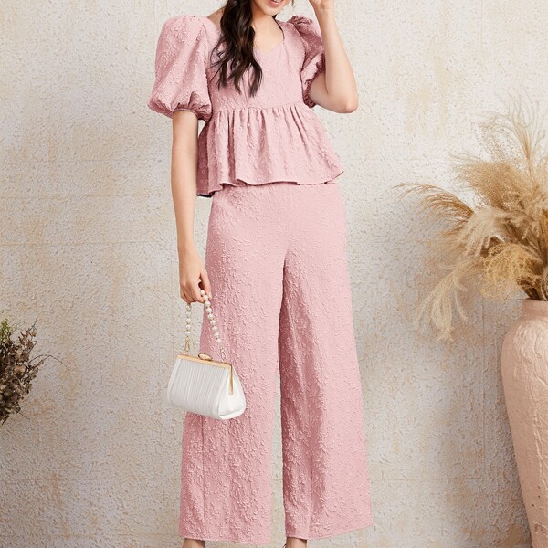 

Floral Applique Puff Sleeve Top & Pants Set, Dusty pink