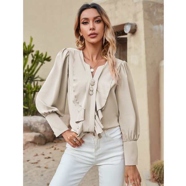 

Layered Ruffle Trim Puff Sleeve Blouse, Khaki