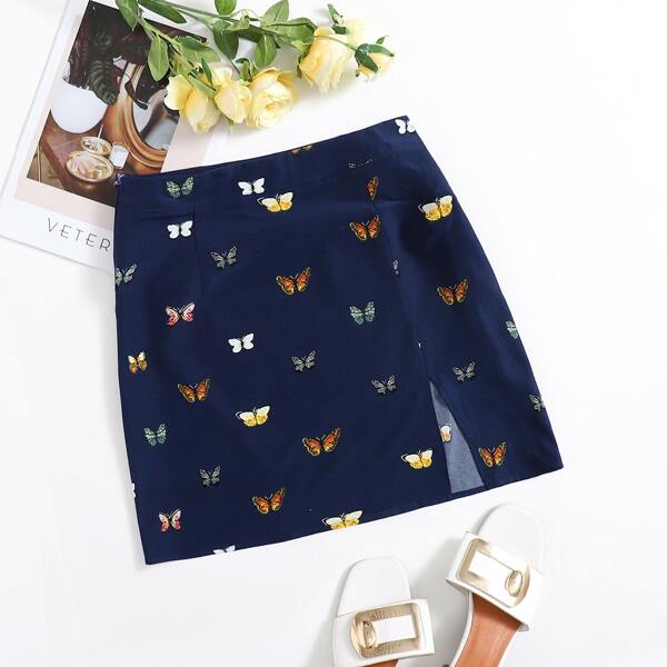 

Butterfly Print Split Hem Skirt, Navy blue