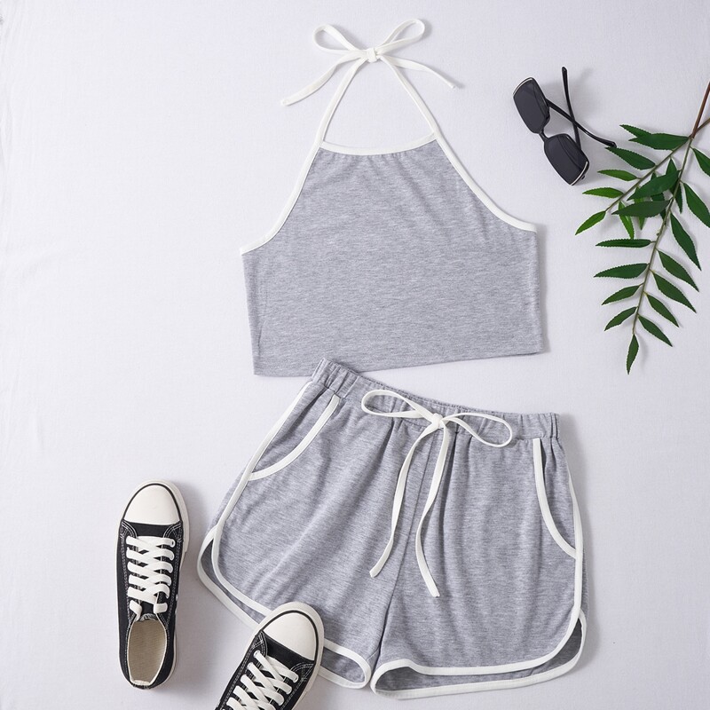 

Contrast Binding Halter Top & Shorts, Light grey