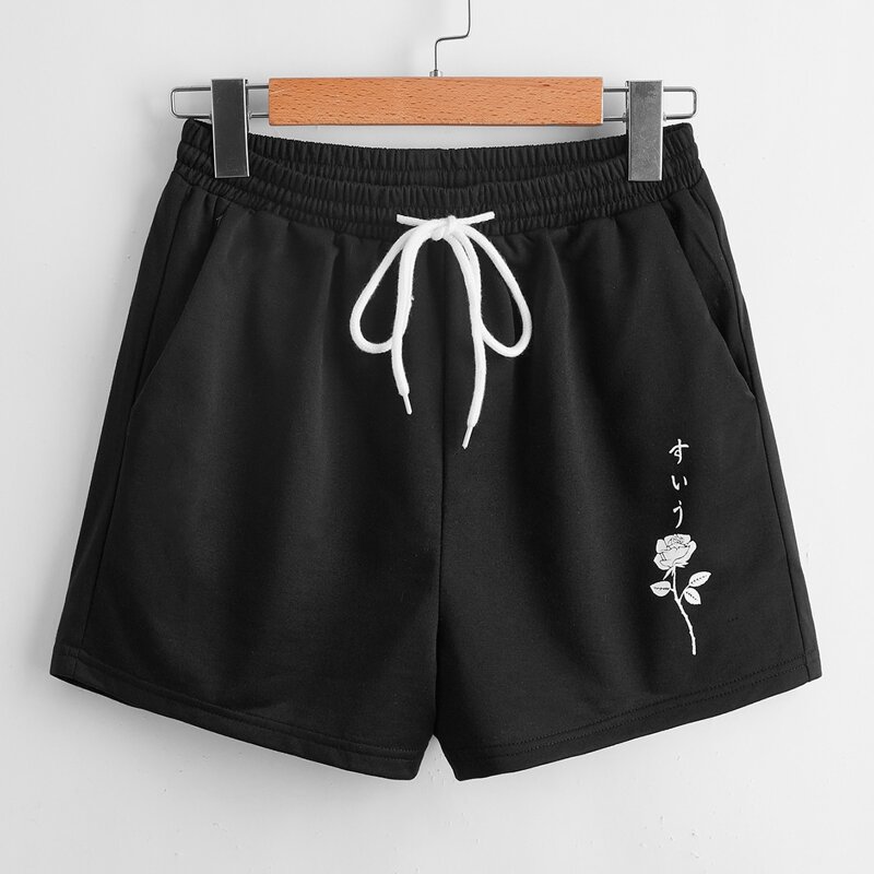

Rose Graphic Drawstring Shorts, Black