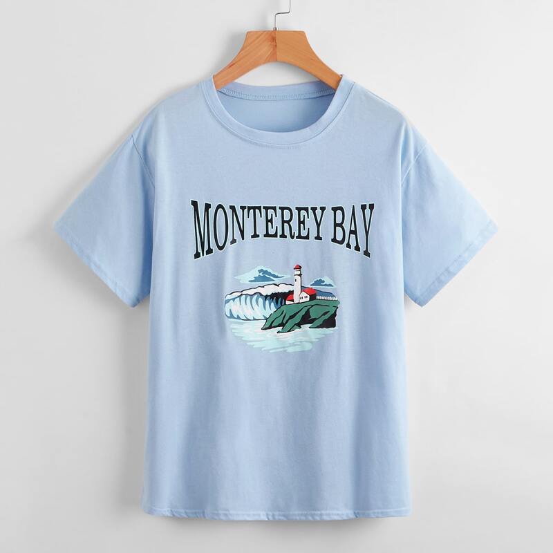 

Letter Mountain & Wave Graphic Tee, Baby blue