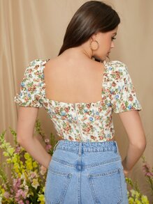SHEIN Frill Trim Puff Sleeve Exposed Zipper Back Top - Multicolor - View 2