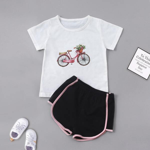 

Toddler Girls Bicycle And Floral Print Tee & Contrast Binding Track Shorts, Black and white