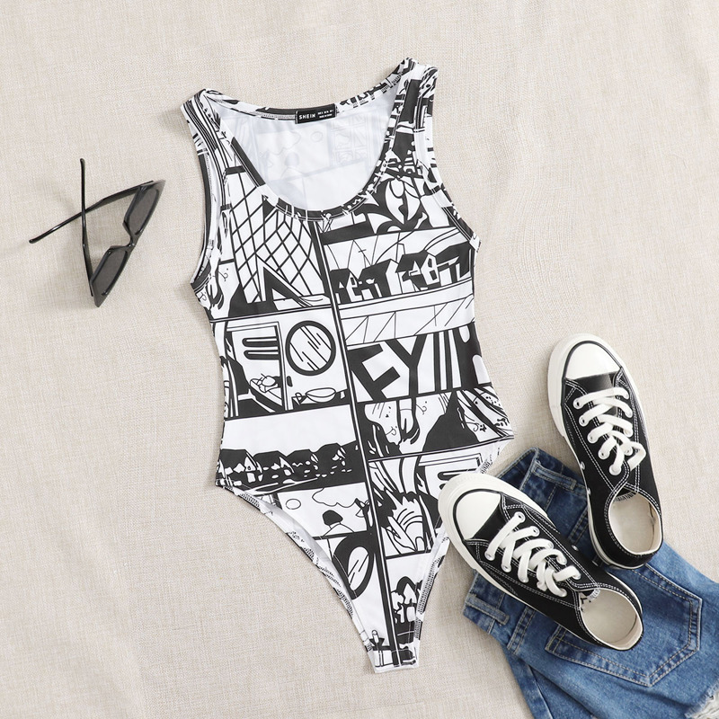 

Allover Print Tank Bodysuit, Black and white