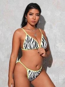 Plus Size Zebra Stripe Contrast Binding Bikini Set Summer Beach - Black and White - View 4
