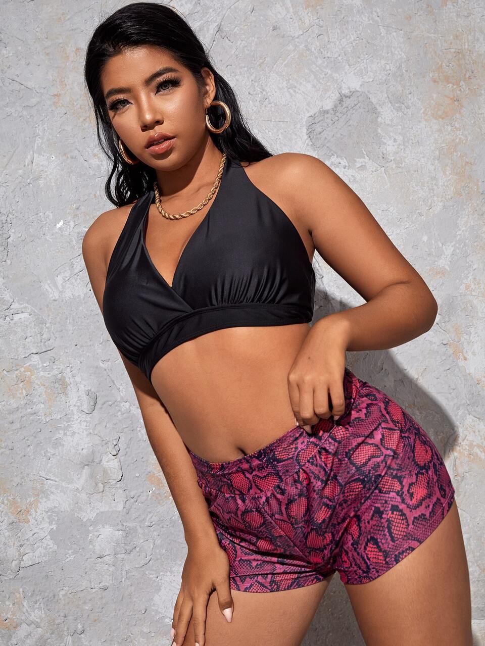 Plus Size Snakeskin Print Halter Shorts Bikini Set Summer Beach