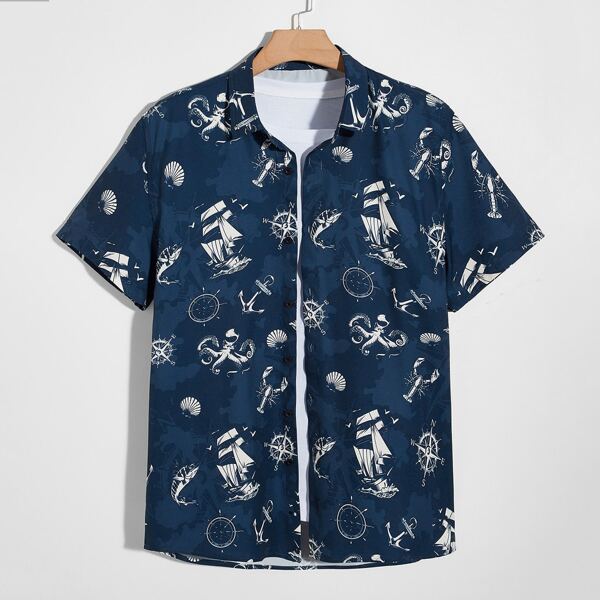

Men 1pc Animal Print Shirt, Navy blue