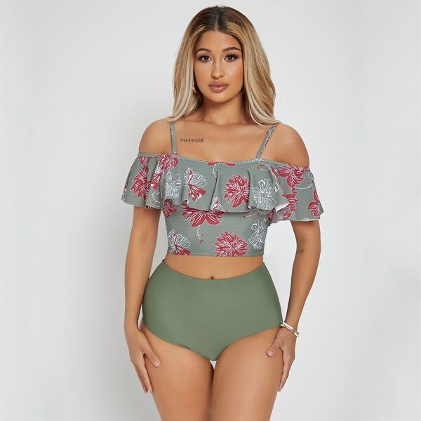 

Tropical Print Ruffle Bikini Swimsuit, Army green