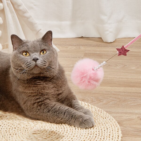 

1pc Pom Pom Decor Cat Teaser Stick, Pink