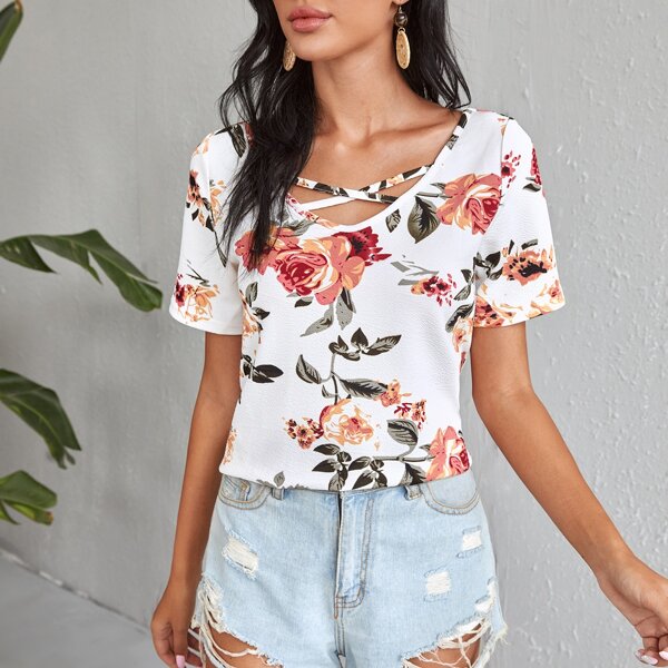 

Floral Criss Cross Front Tee, Multicolor