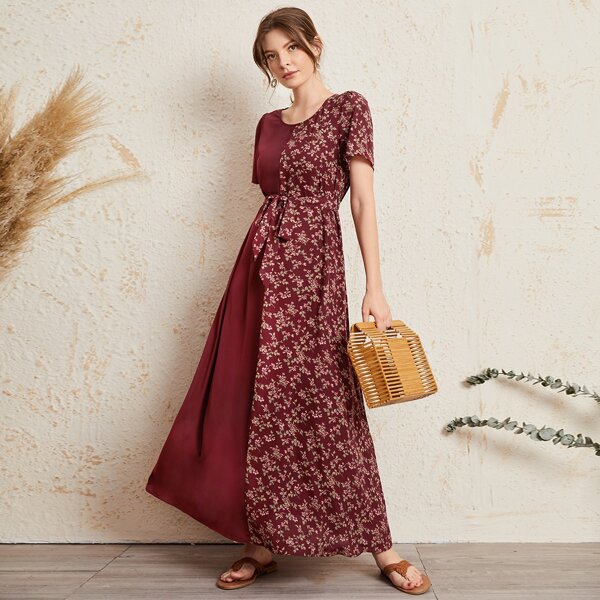 

Ditsy Floral Puff Sleeve Belted Dress, Burgundy